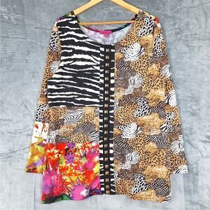 Womens Top XL Statement Artsy Unique‎ Animal Floral Patchwork Studded Maximalist